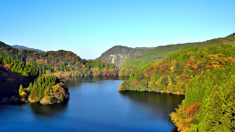秋景 秘境の まだ見ぬ最高に美しい 秋の絶景紅葉  蜂の巣湖 大分県日田市 熊本県小国町 県境 Japanese landscape Amazing autumn leaves Secret area  Autumn leaves  Beehive lake  Oita Hita City  Oguni Town, Kumamoto Prefecture   Prefectural border