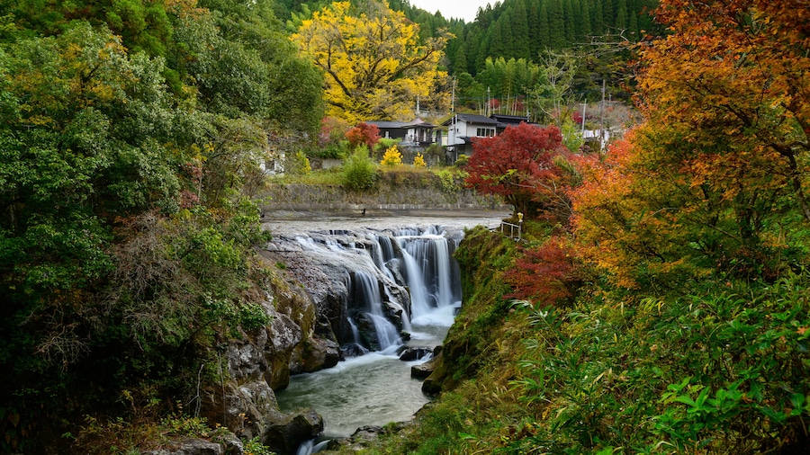 Una cascada rodeada de follaje otoñal, con casas al fondo.