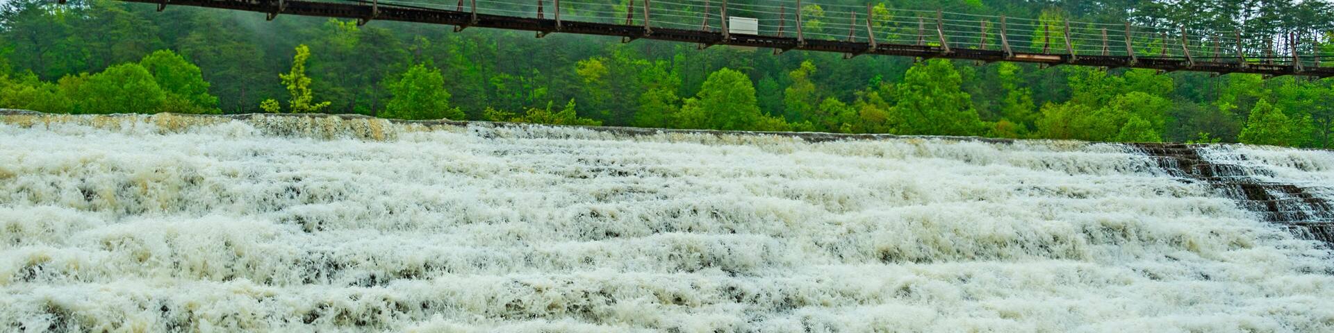 A river with a bridge and a forested hill in the background.