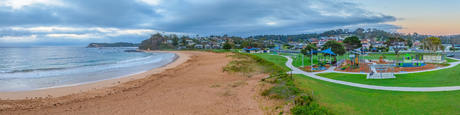 Aerial Sunrise Panorama at the Seaside and Park in Malua Bay