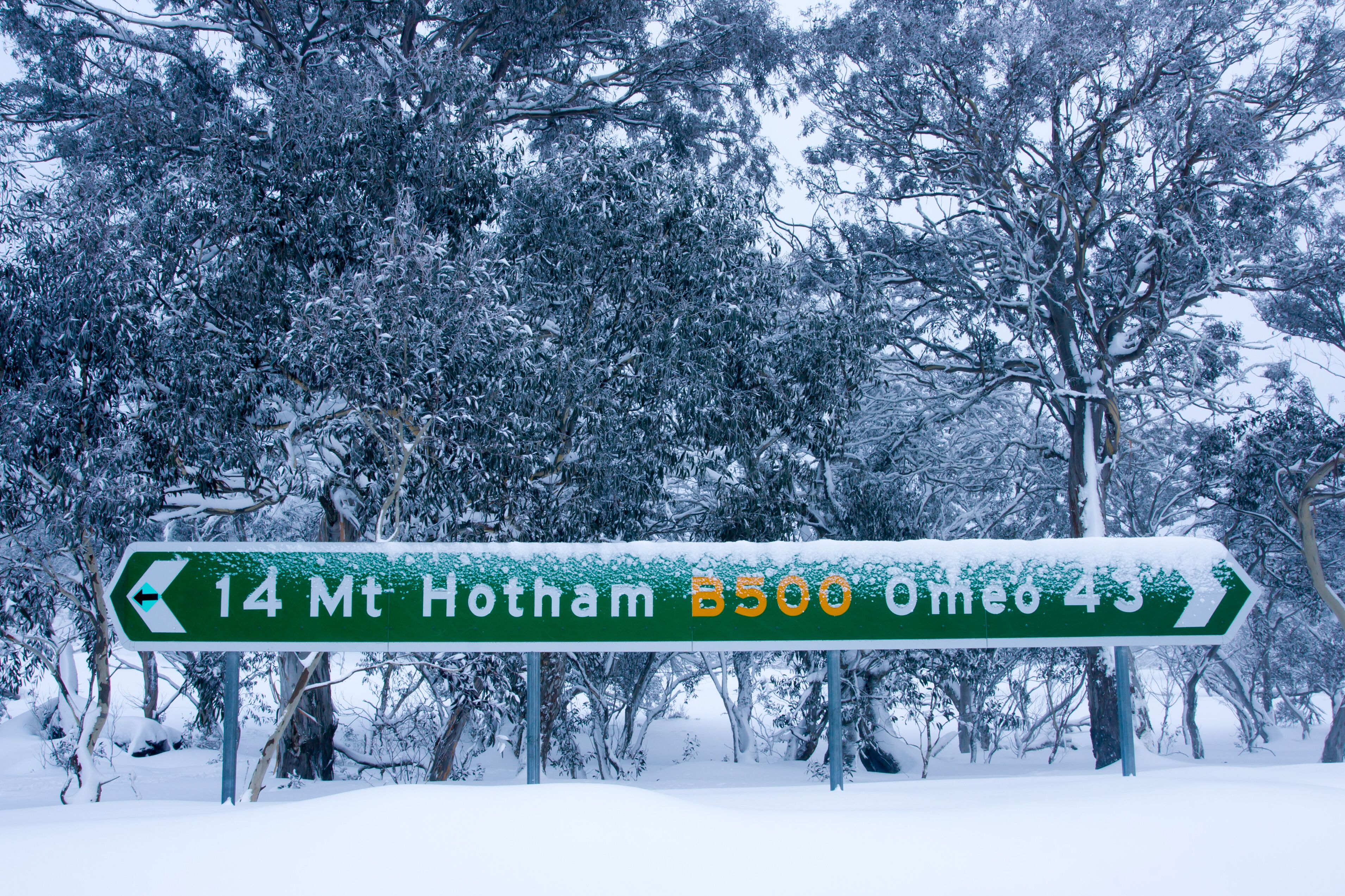 Un cartel cubierto de nieve con indicaciones hacia 14 Mt Hotham y B500 Omeo 43.