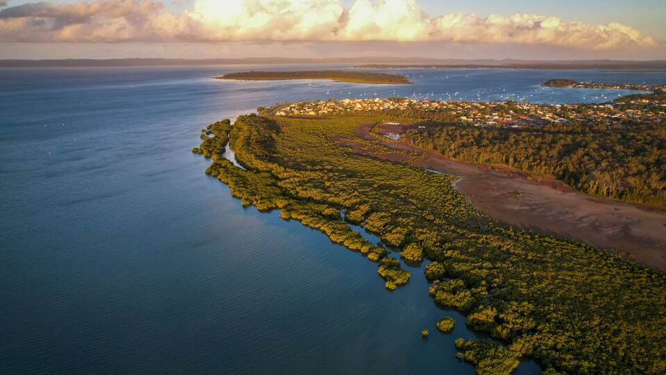 An aerial view of a coastal area with a forested peninsula, a small town, and a body of water.