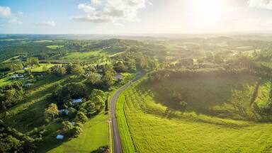Magnificent Australian countryside landscape at sunset. Aerial panorama of Brooklet, New South Wales, Australia