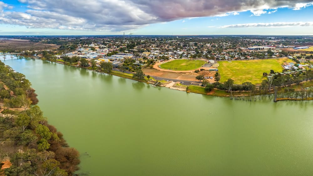 Aerial panoramic landscape of Murray River and the town of Berri in the heart of Riverland region of South Australia
