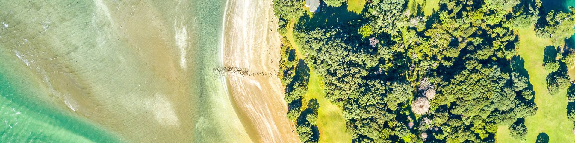 Aerial view on river isthmus with sunny beach and park. Auckland, New Zealand