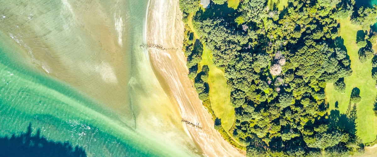 A coastal landscape with a sandy beach, dense green forest, and clear turquoise waters.