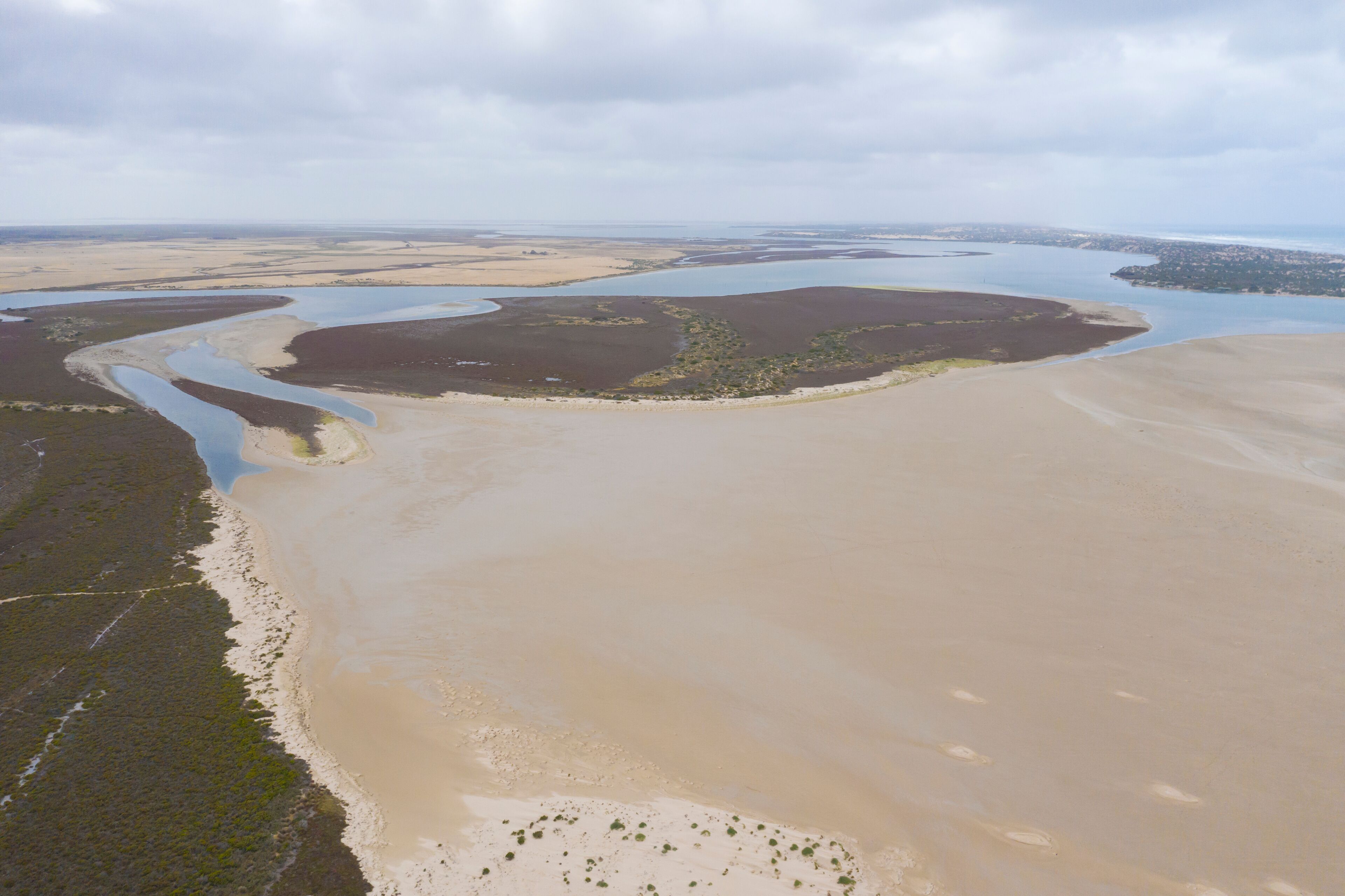 Aerial photograph of The Coorong at the mouth of the River Murray near Goolwa in South Australia