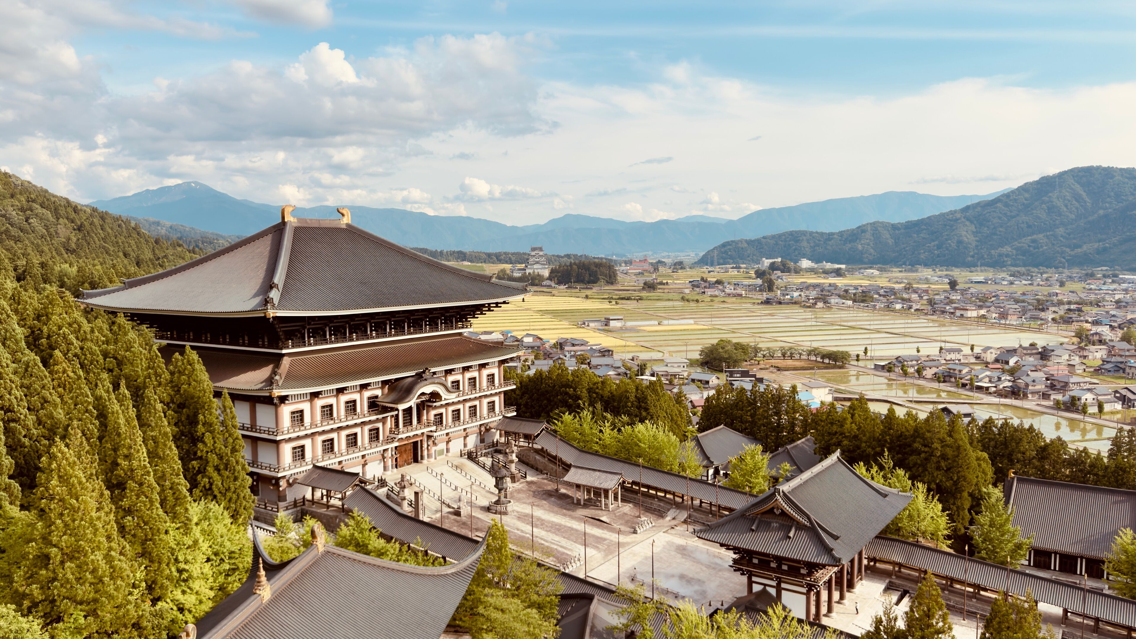 A traditional Japanese temple complex surrounded by lush greenery and rice paddies.