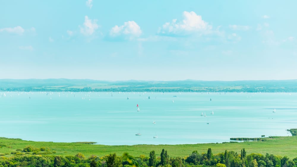 A coastal landscape with a large body of water, sailboats, and green fields.