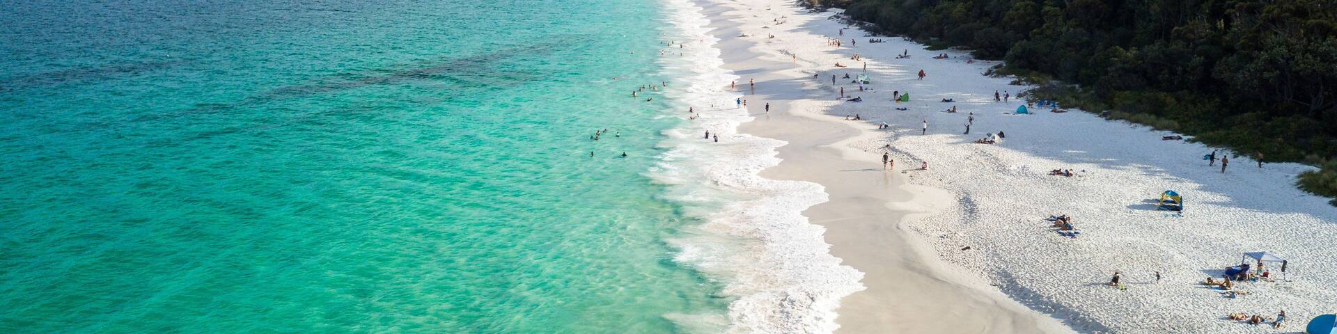 Panorama Drone Aerial Picture of the white sand Hyams Beach New South Wales, Australia