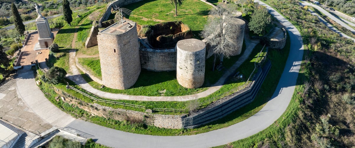 A historical fort with circular towers and a central courtyard, surrounded by a paved road and greenery.