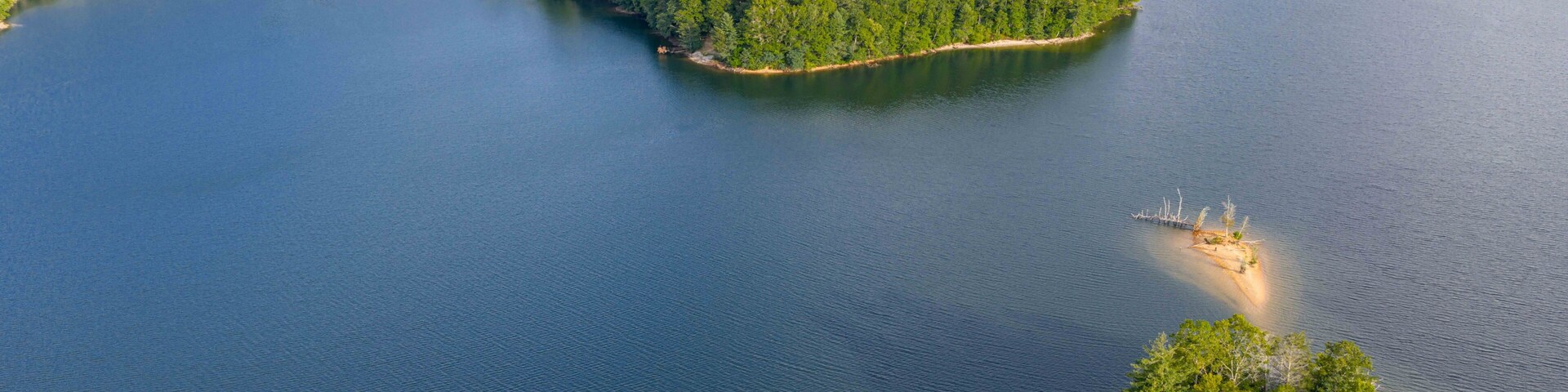 Un lago extenso rodeado de bosques frondosos y una pequeña isla con árboles.
