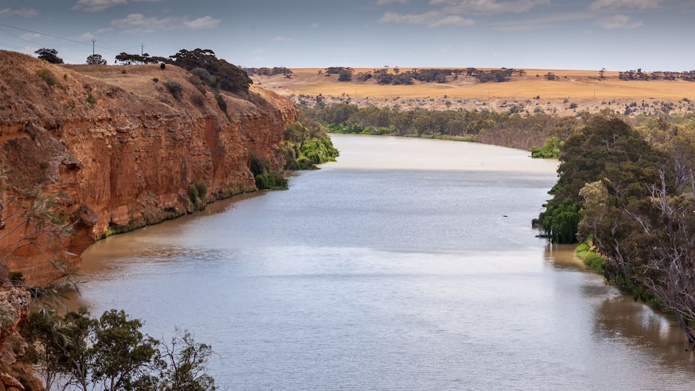 Landscape view of orange sandstone cliffs on the mighty Murray River near Young Husband in South Australia
