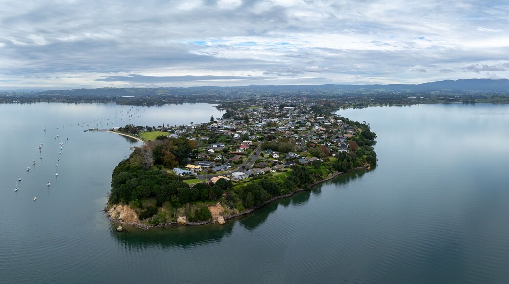 Aerial view of a peninsula with houses and boats in a bay in Omokoroa, Bay Of Plenty, New Zealand. The image shows the beauty of the landscape and the lifestyle of the people who live there.