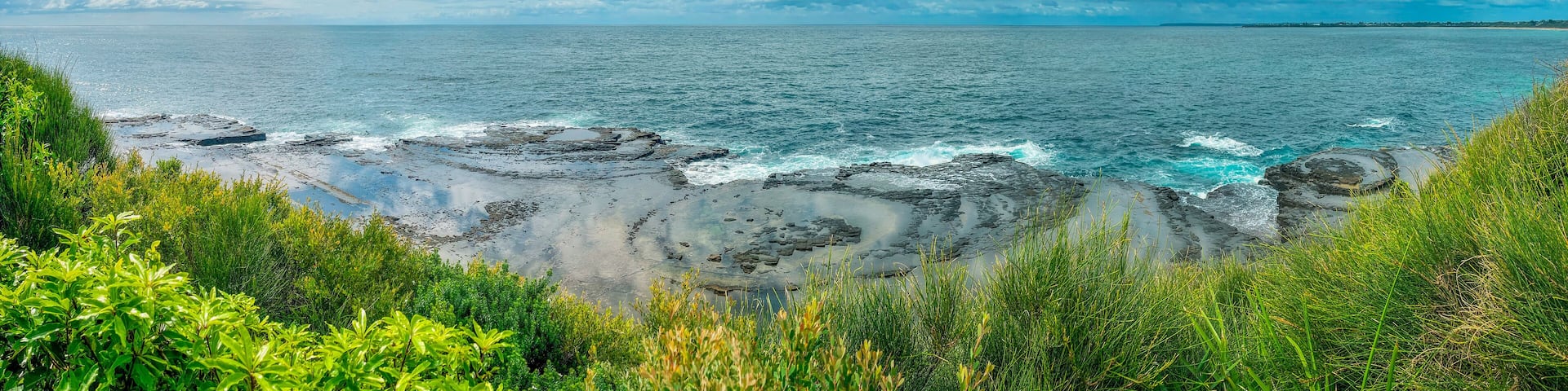 Panoramic view at the top of Crookhaven Heads close to Culburra Beach in Shoalhaven Bight, NSW, Australia.