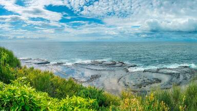 Panoramic view at the top of Crookhaven Heads close to Culburra Beach in Shoalhaven Bight, NSW, Australia.
