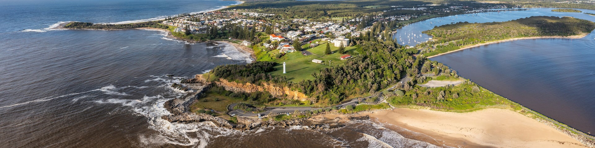 Aerial panoramic view of Yamba, a tourist destination in northern New South Wales, Australia
