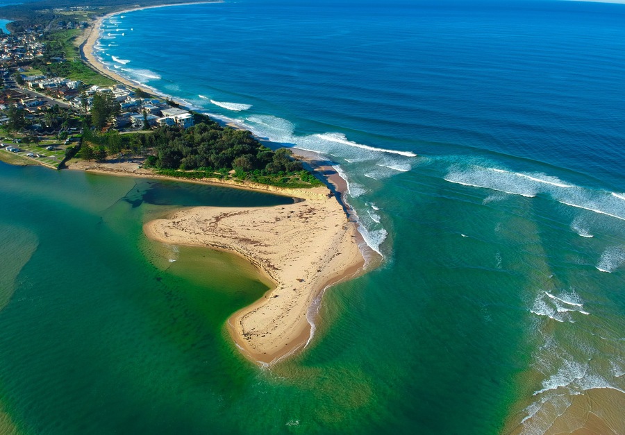 Drone Aerial view of The Entrance NSW Australia blue bay waters great beach and sandy bars