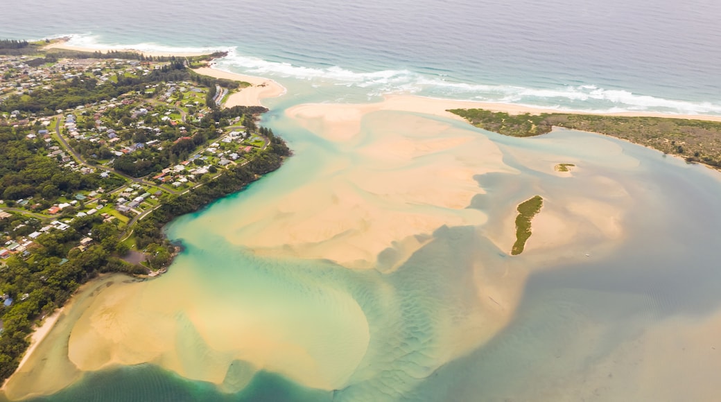 Aerial view of the river meets the sea near Tuross Head city, Australia.