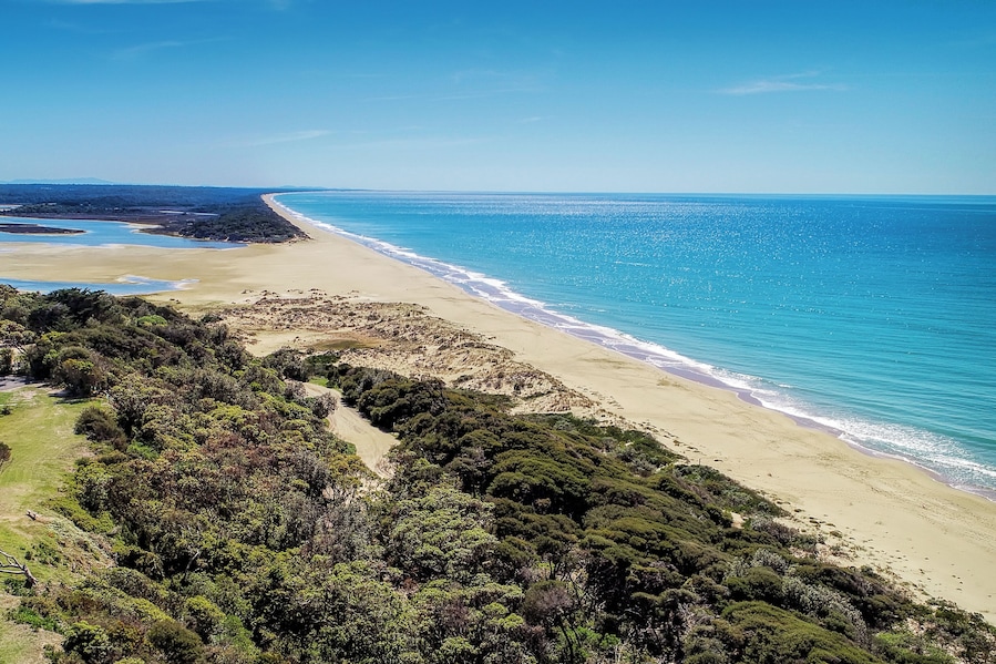 Aerial shot of the beach at Lake Tyers Beach in Victoria