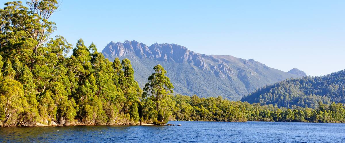 A lake surrounded by dense green forest and mountains.