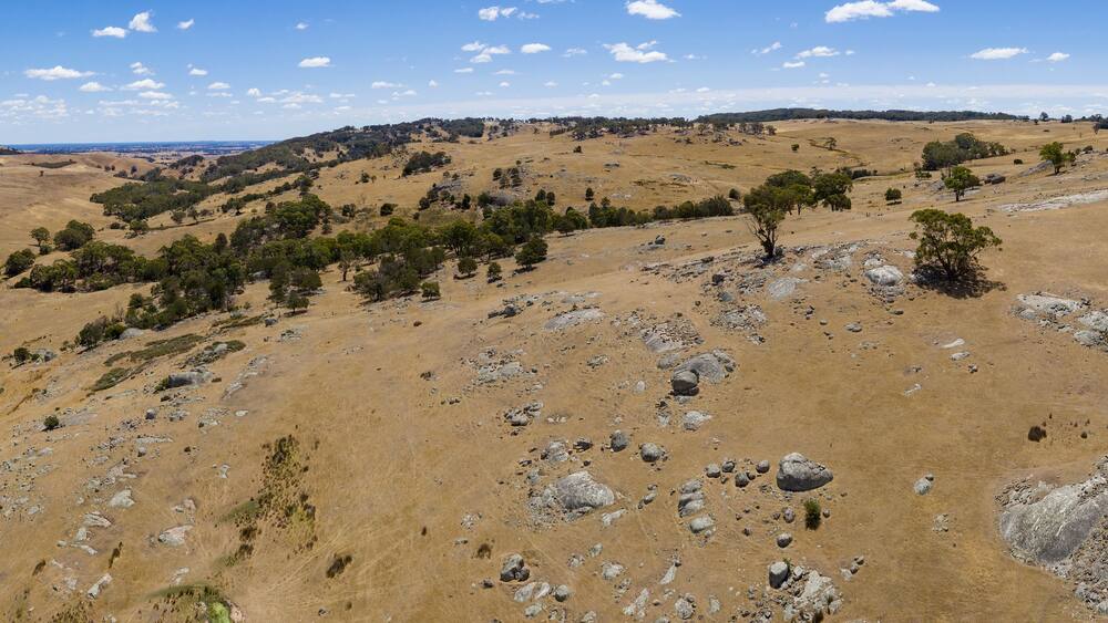 A dry, hilly landscape with scattered trees and rocky terrain under a clear sky.