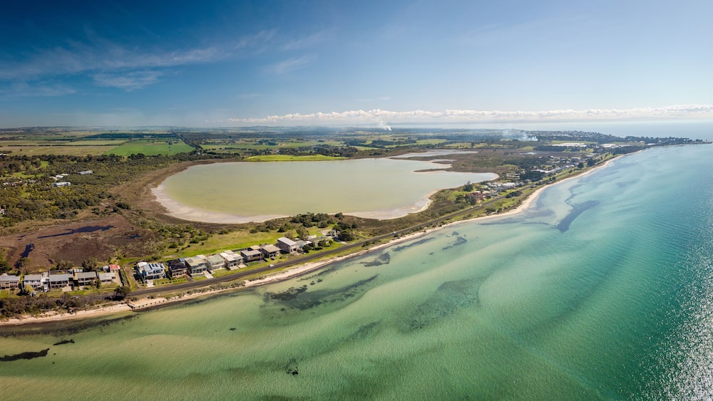 St Leonards salt lagoon near Portarlington in Victoria, Australia. Aerial view of the salt lagoon and the port phillip bay