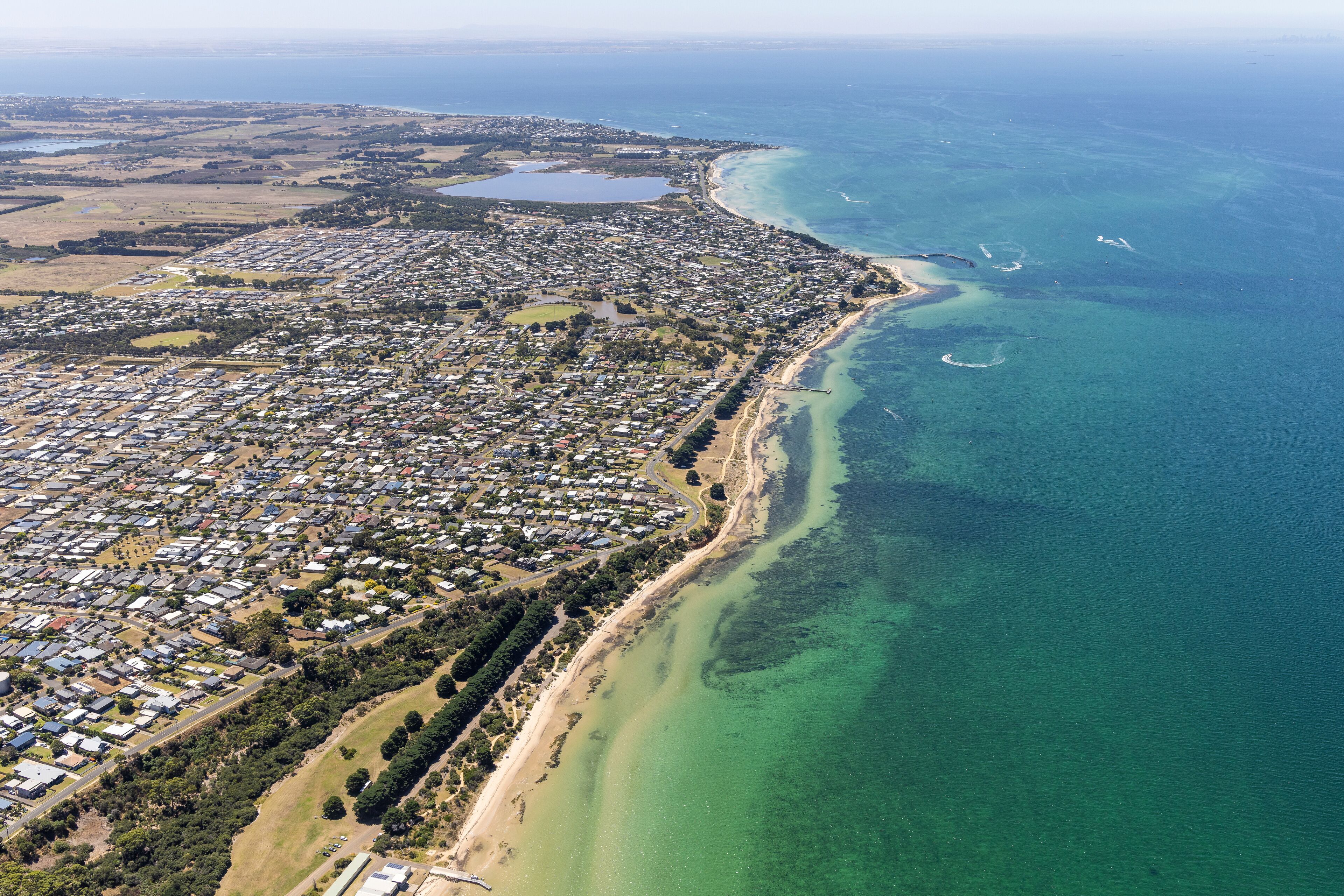Aerial view of Saint Leonard, a small town along Port Phillip bay, Victoria, Australia.