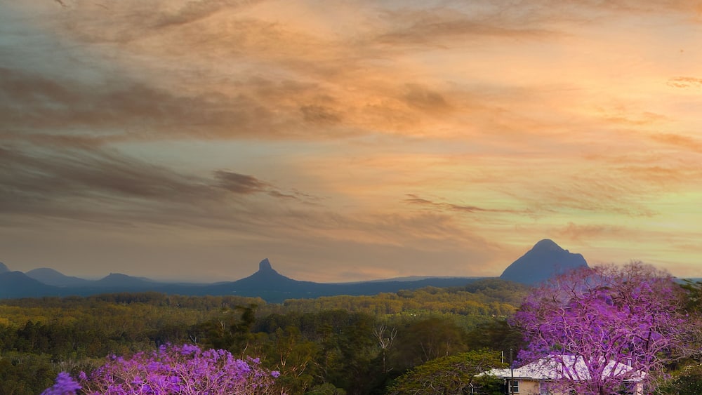 Eine Landschaft mit einem Gebirge, blühenden violetten Bäumen und einem Haus.