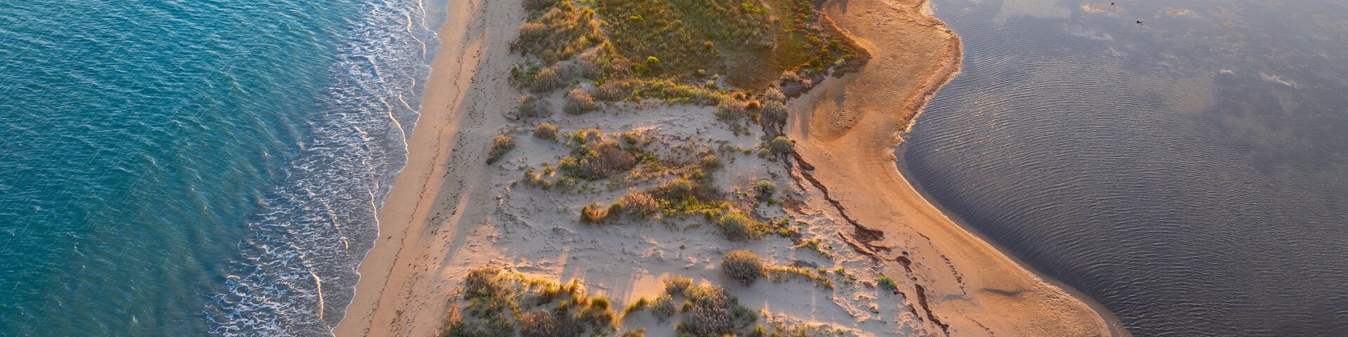 Vista aérea de un paisaje costero con una playa arenosa, vegetación verde y aguas azules cristalinas.