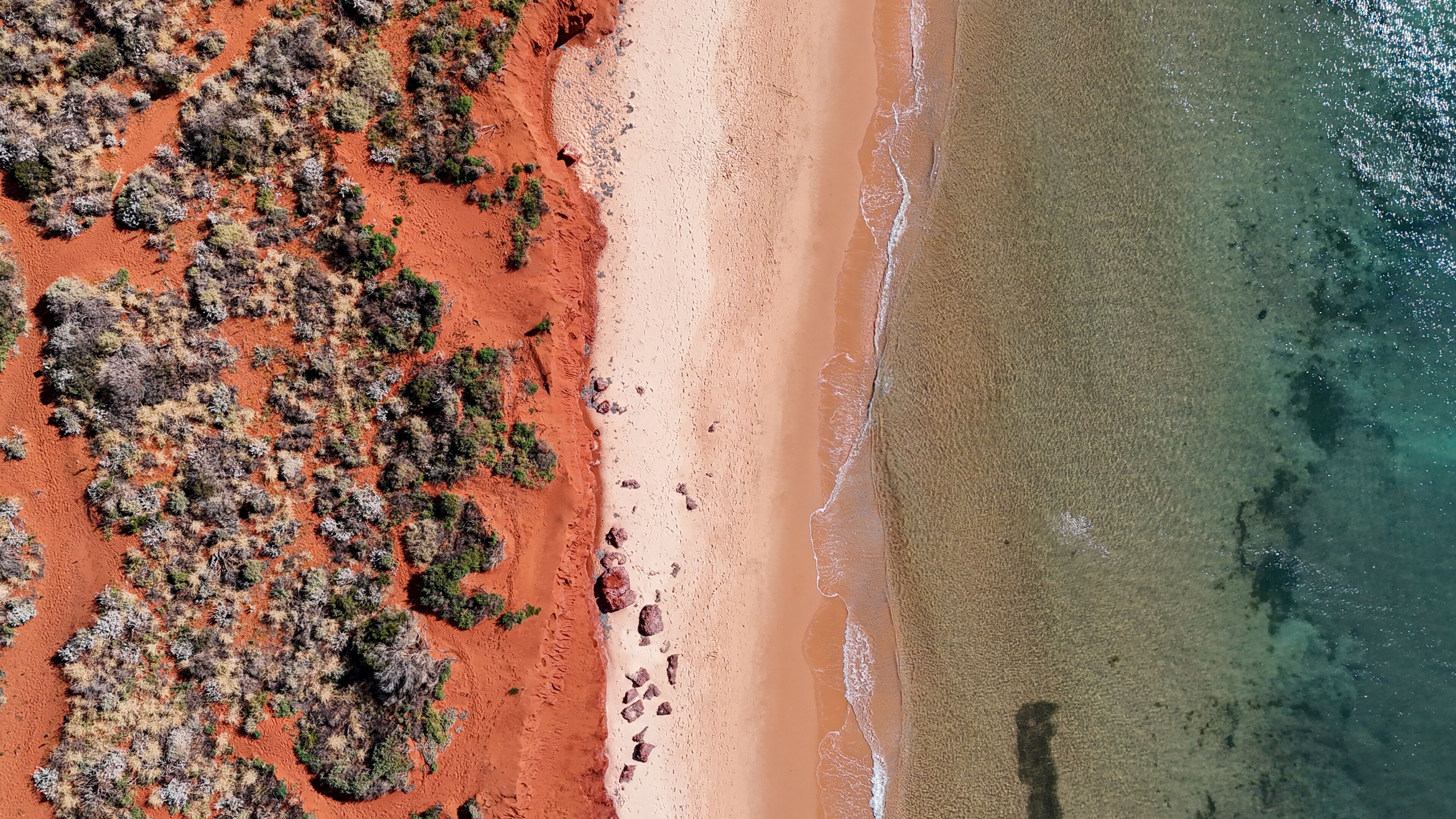 A beach with red sand and sparse vegetation.