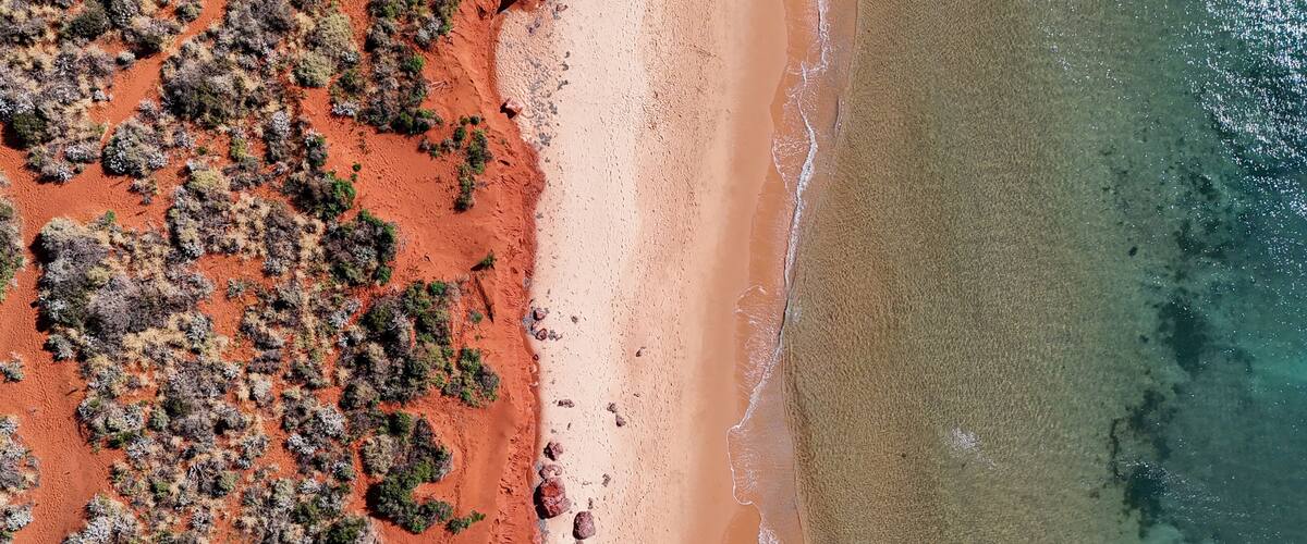 A beach with red sand and sparse vegetation.
