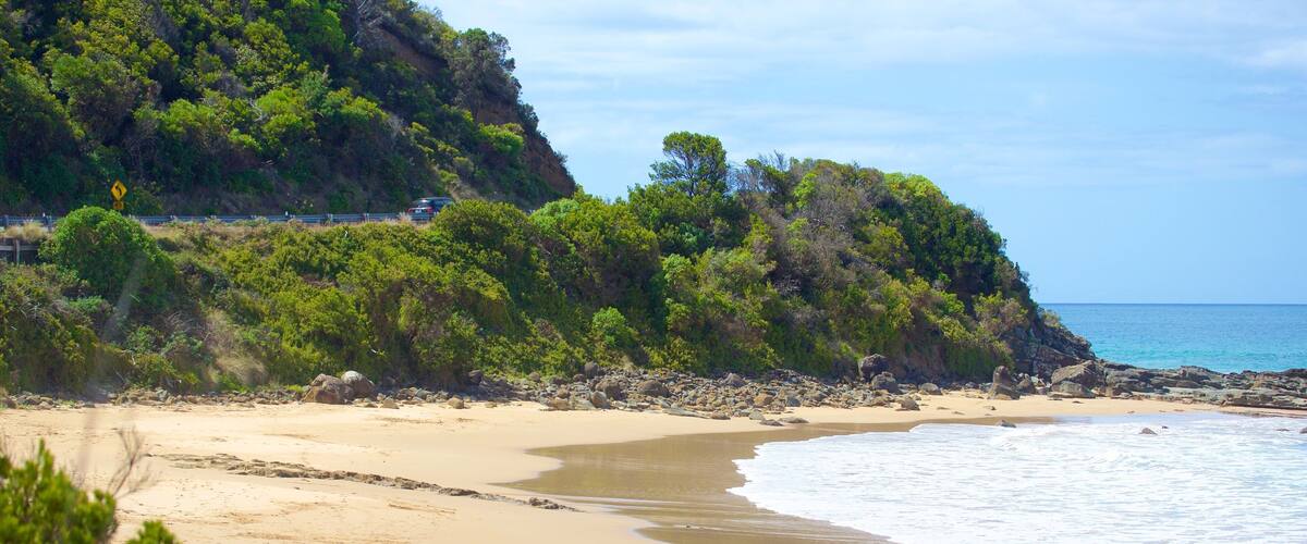A sandy beach with gentle waves, a rocky shoreline, and dense green vegetation on a hillside.