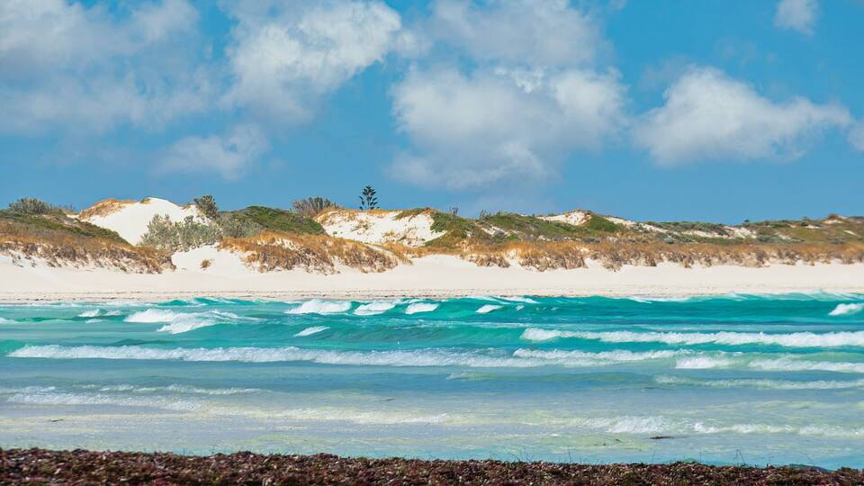 A beach with white sand and turquoise waves. There are dunes with sparse vegetation and a clear blue sky.