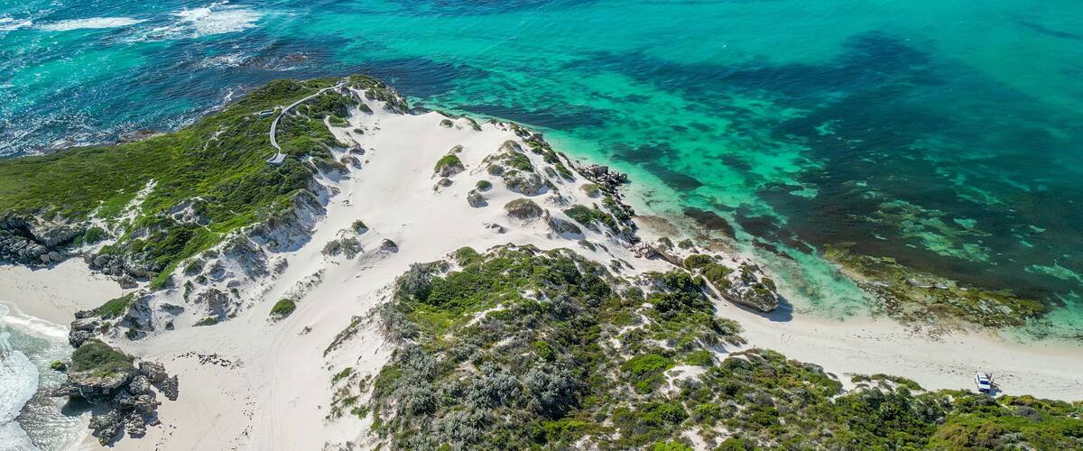 Jurien Bay's Sandy Cape Reserve from above: a serene escape with turquoise waters and sandy shores