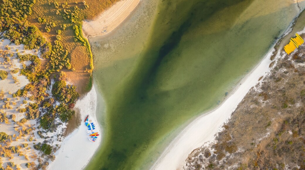 Aerial view of winding river flowing through beautiful landscape with serene beach and dunes, Margaret River Mouth, Burnside, Western Australia, Australia.