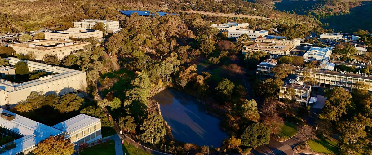 Flinders University, Central Park, Bedford Park, South Adelaide, South Australia - Aerial Image at Sunset Showing Academic Buildings, Carparks, Bushland, and Hilly Landscape in Golden Light