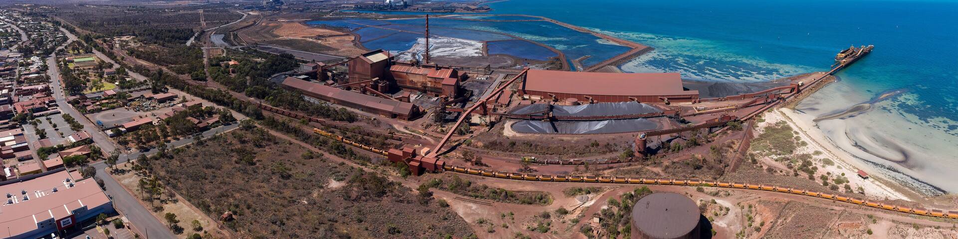 Panoramic aerial view of the Whyalla steelworks and port jetty, South Australia