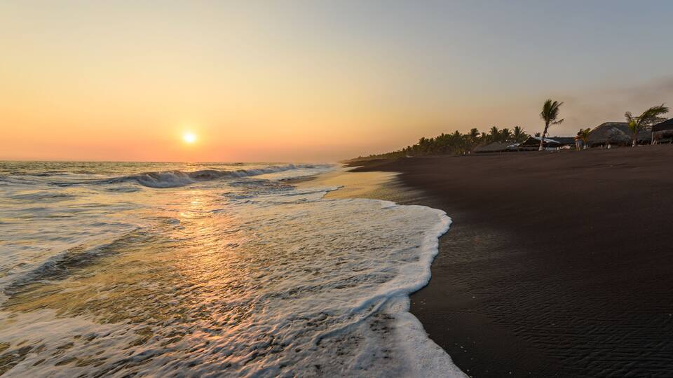 A beach at sunset with waves crashing onto the shore and palm trees in the background.