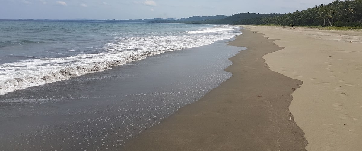 A beach with a sandy shore and gentle waves.