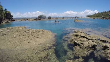 A clear blue lagoon with rocky shores and palm trees in the background.