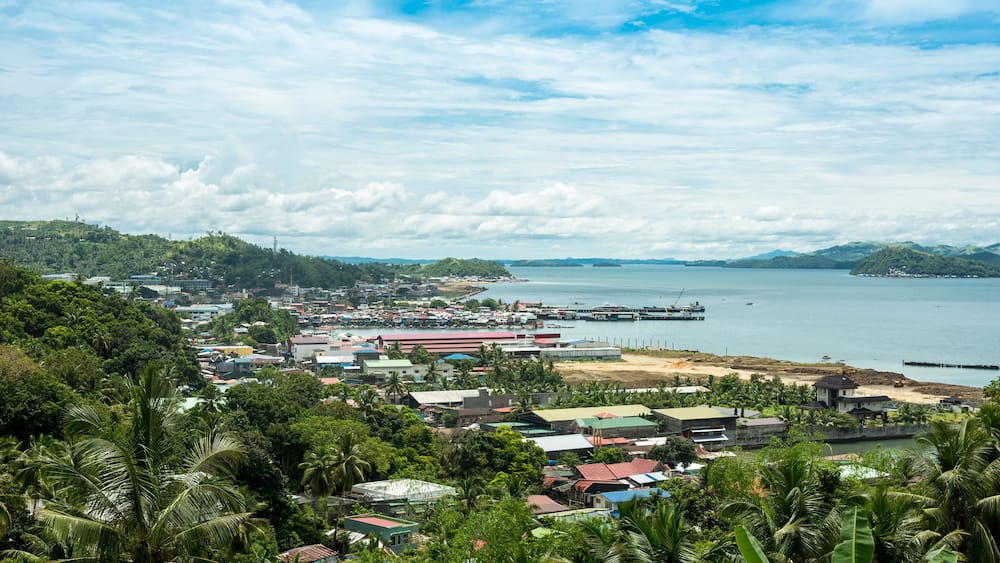 A coastal town with a harbor, buildings, and lush greenery.