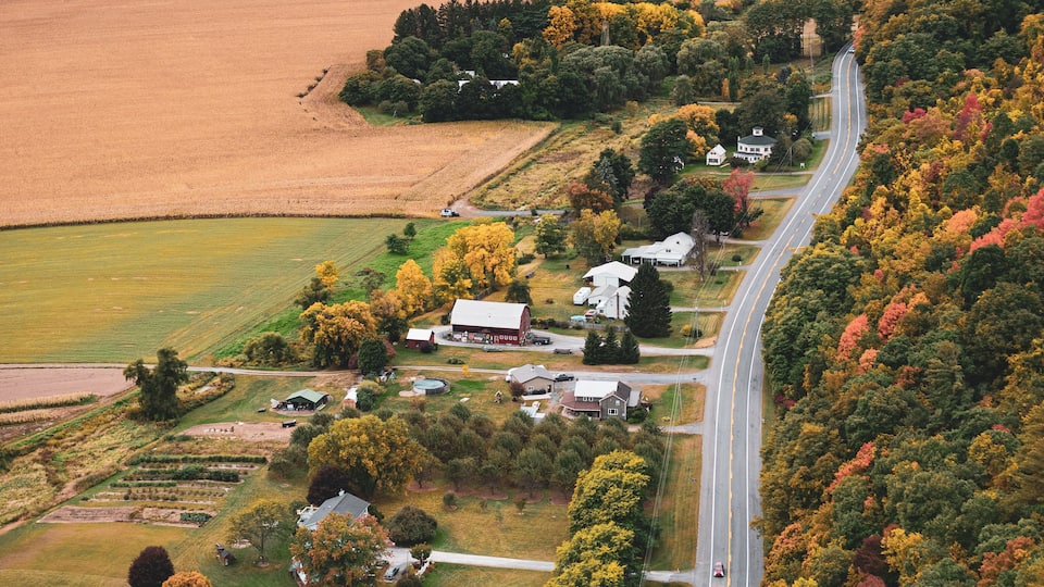 A rural landscape with a winding road, fields, and houses surrounded by autumn-colored trees.