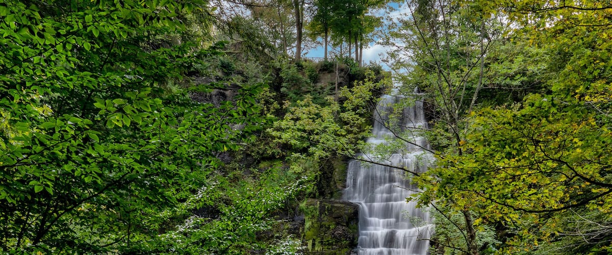 A waterfall cascading down a rocky cliff surrounded by dense green foliage.