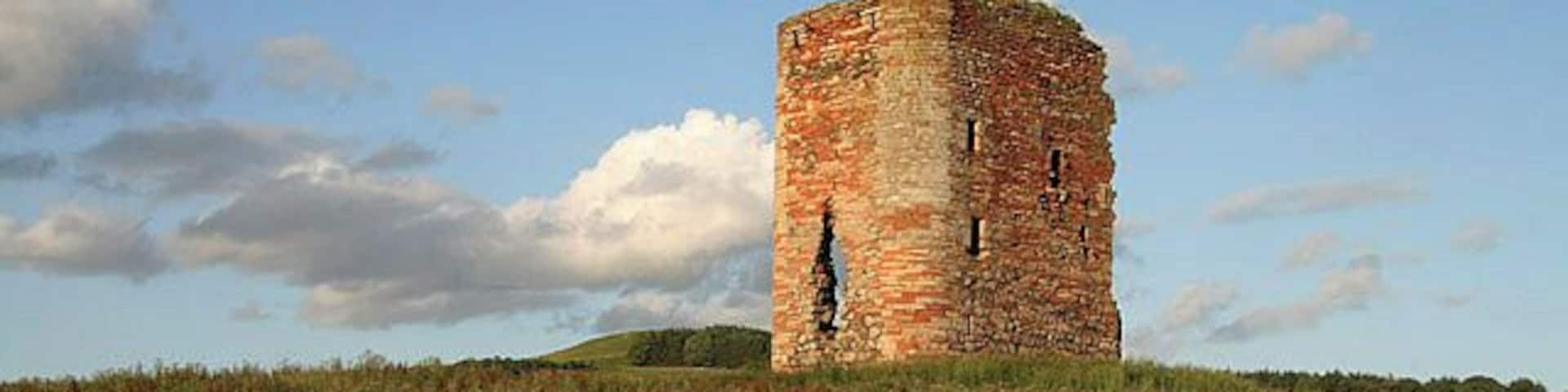 A historic stone tower in a grassy field with a clear sky.
