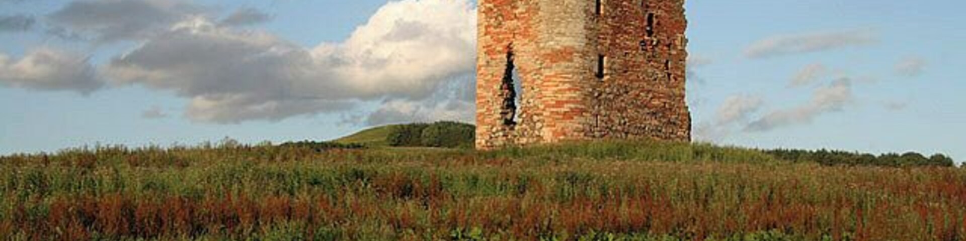 Uma torre de pedra histórica em um campo gramado sob um céu claro.