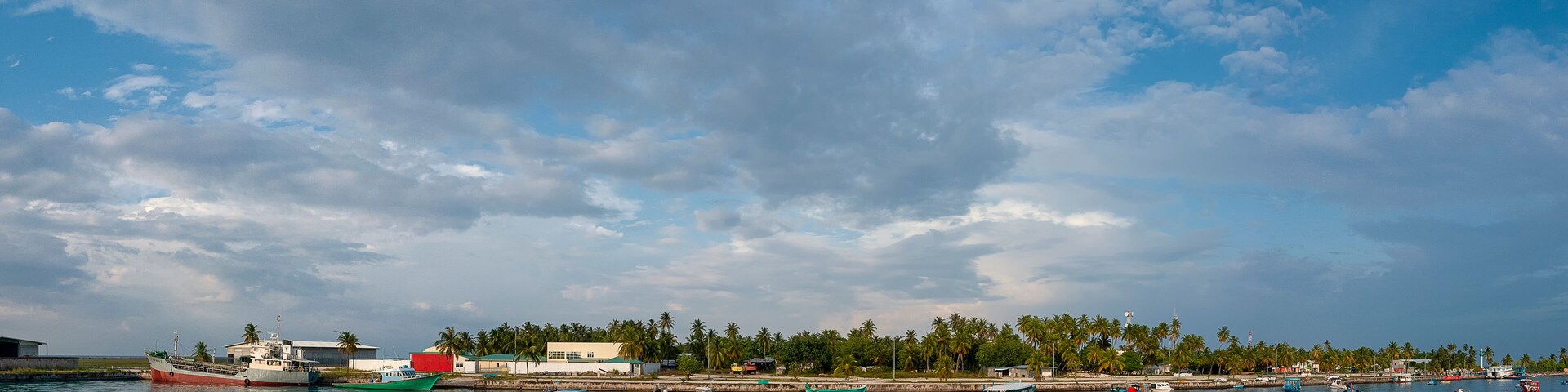 A coastal town with boats docked along the shore, palm trees, and a clear sky.