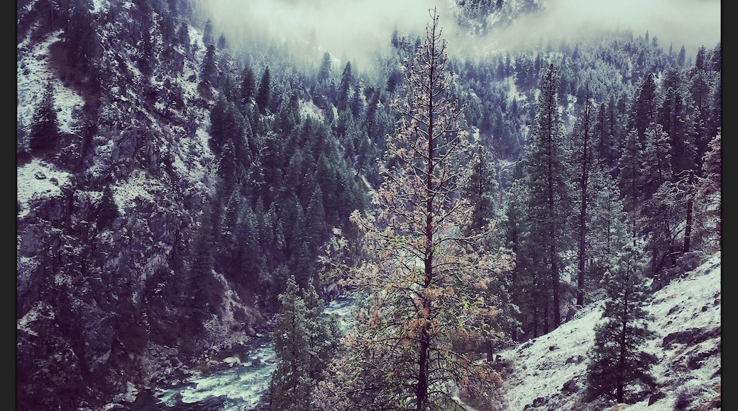 View from Skinny Dipper Hot Springs about a half mile hike up from the highway and South Fork Payette River on a snowy spring morning.