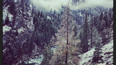 View from Skinny Dipper Hot Springs about a half mile hike up from the highway and South Fork Payette River on a snowy spring morning.