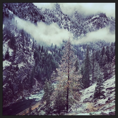 View from Skinny Dipper Hot Springs about a half mile hike up from the highway and South Fork Payette River on a snowy spring  morning.